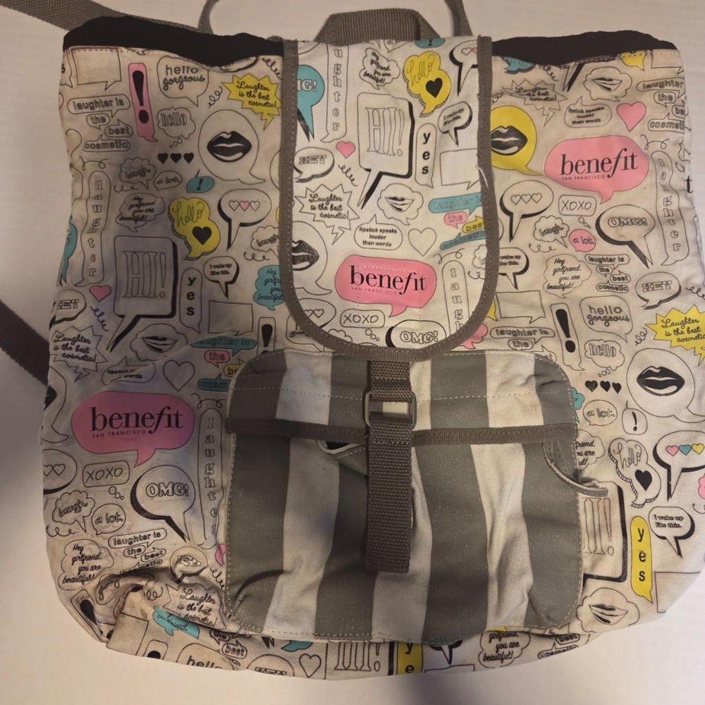 Benefit Cosmetics Canvas Backpack Comic Speech Bubble Print Pink Grey White Bag